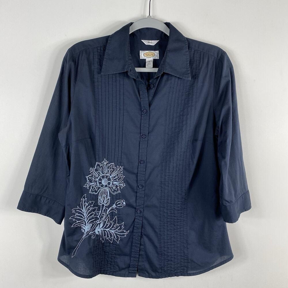 Talbots Button Top Small Navy Blue Embroidered Pintuck 3/4 Sleeve Stretch Cotton